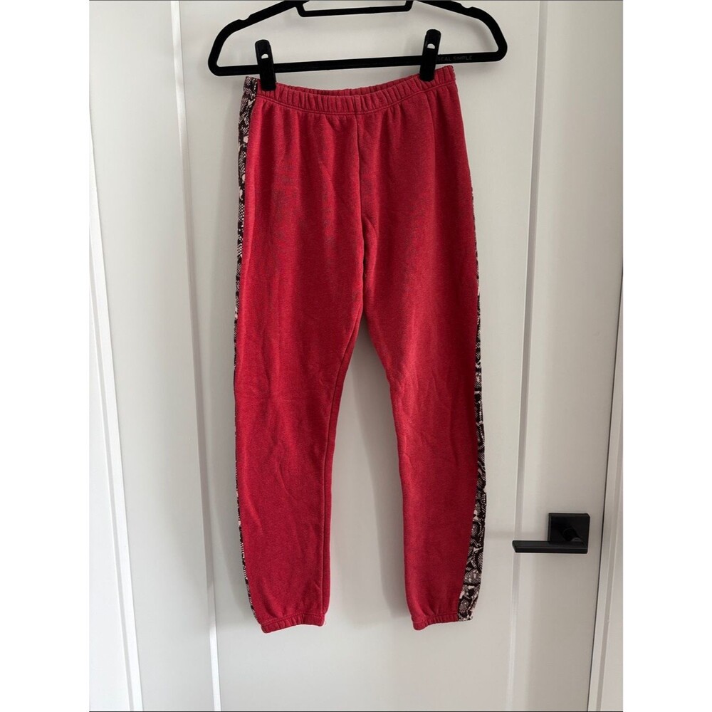 Wildfox Red Fleece Joggers with Patterned Side Stripe